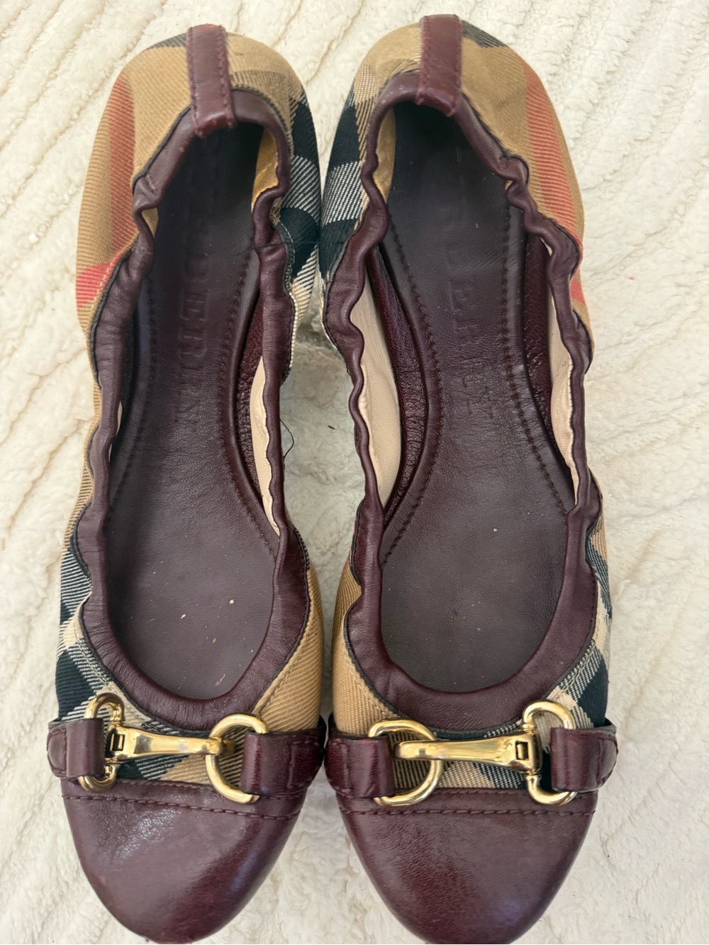 Burberry Beige Check Ballet Flats with Burgundy Leather & Gold Horsebit